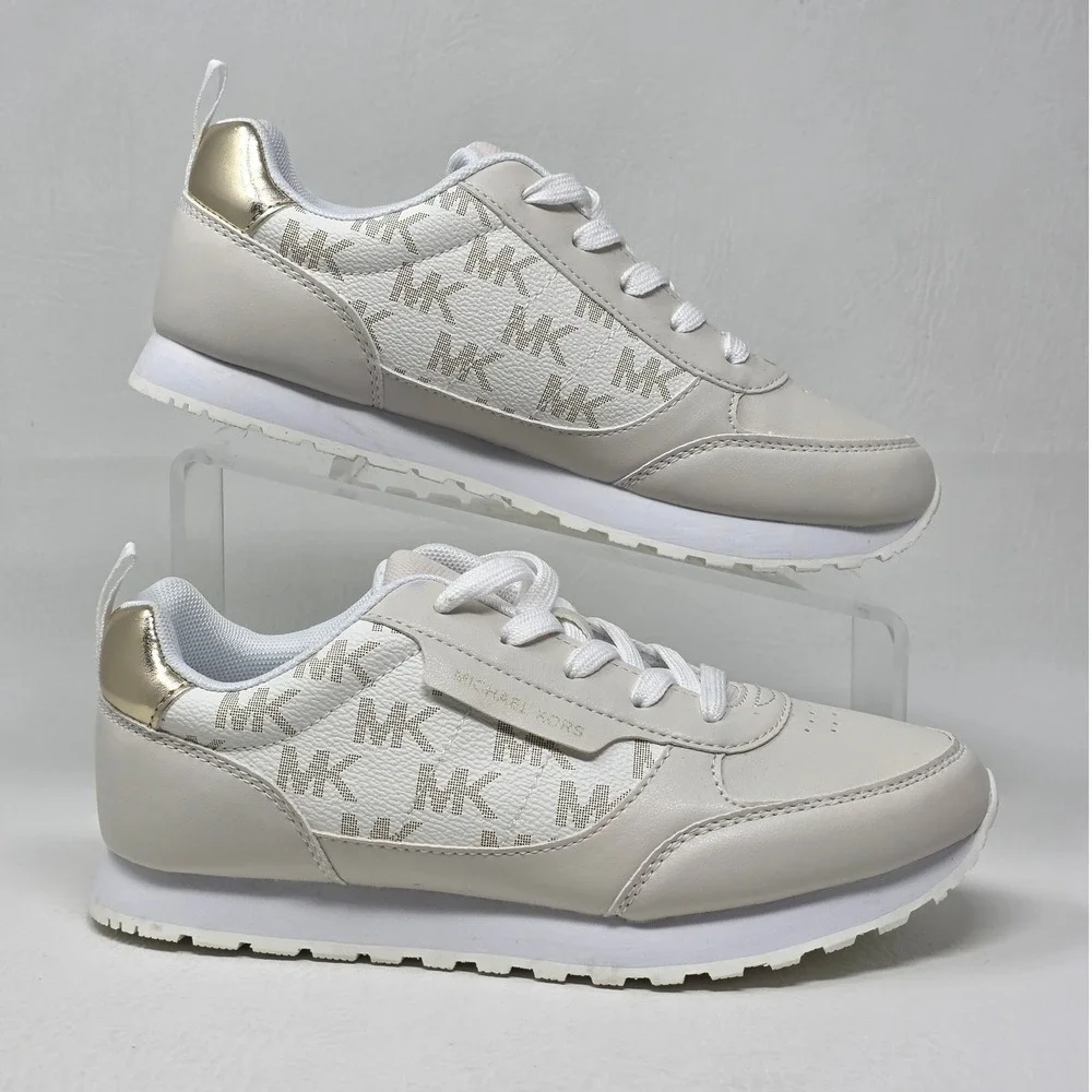 Michael Kors Landry Womens Size 5 Sneakers Cream Gold MK Logo Low Top Shoes New